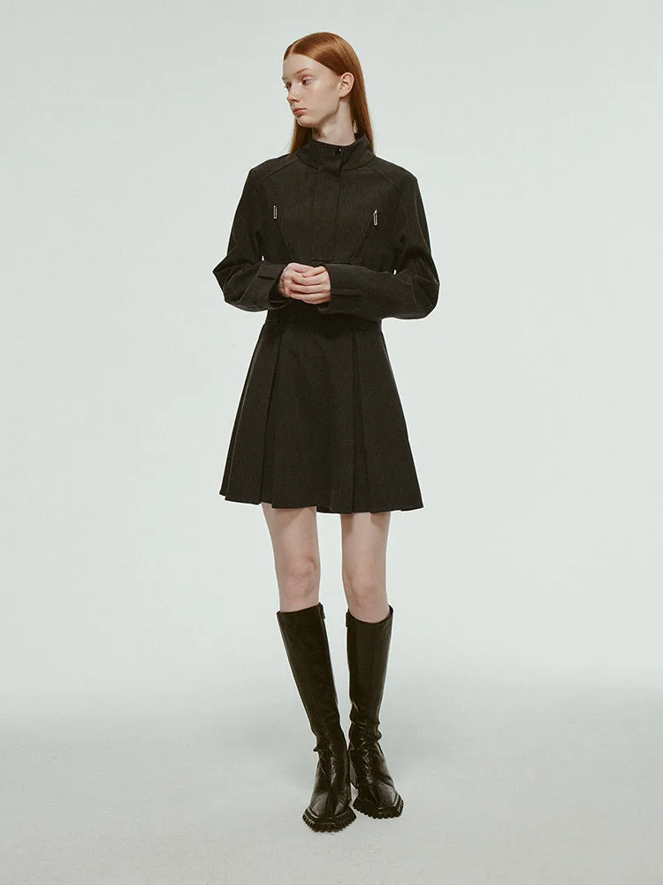 Band-Collar Box-Pleats Plain Casual Flare Short One-Piece