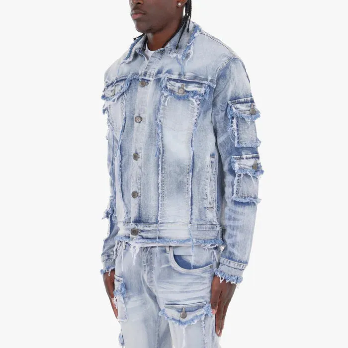 Copper Rivet Light Sand Blue Frayed Denim Jacket