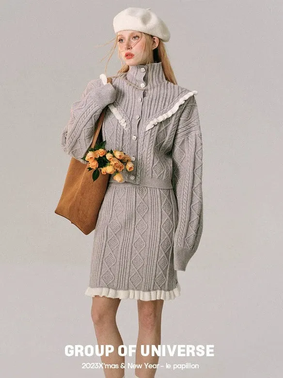 High Neck Crocheted Wood Ear Knitted Cardigan & Skirt