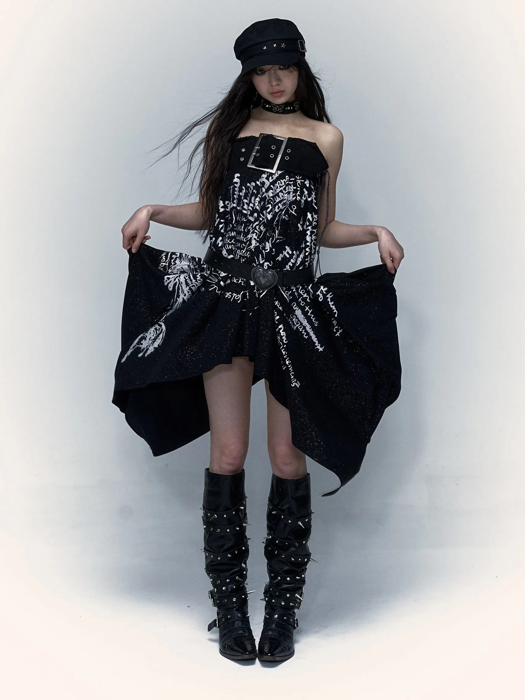Print 2way Bare-top Belted Skirt