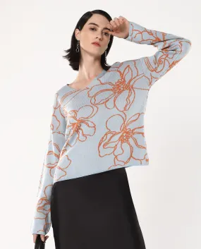 Rareism Women Stellan Blue Acrylic Fabric Relaxed Fit Floral Jacquard Print Sweater