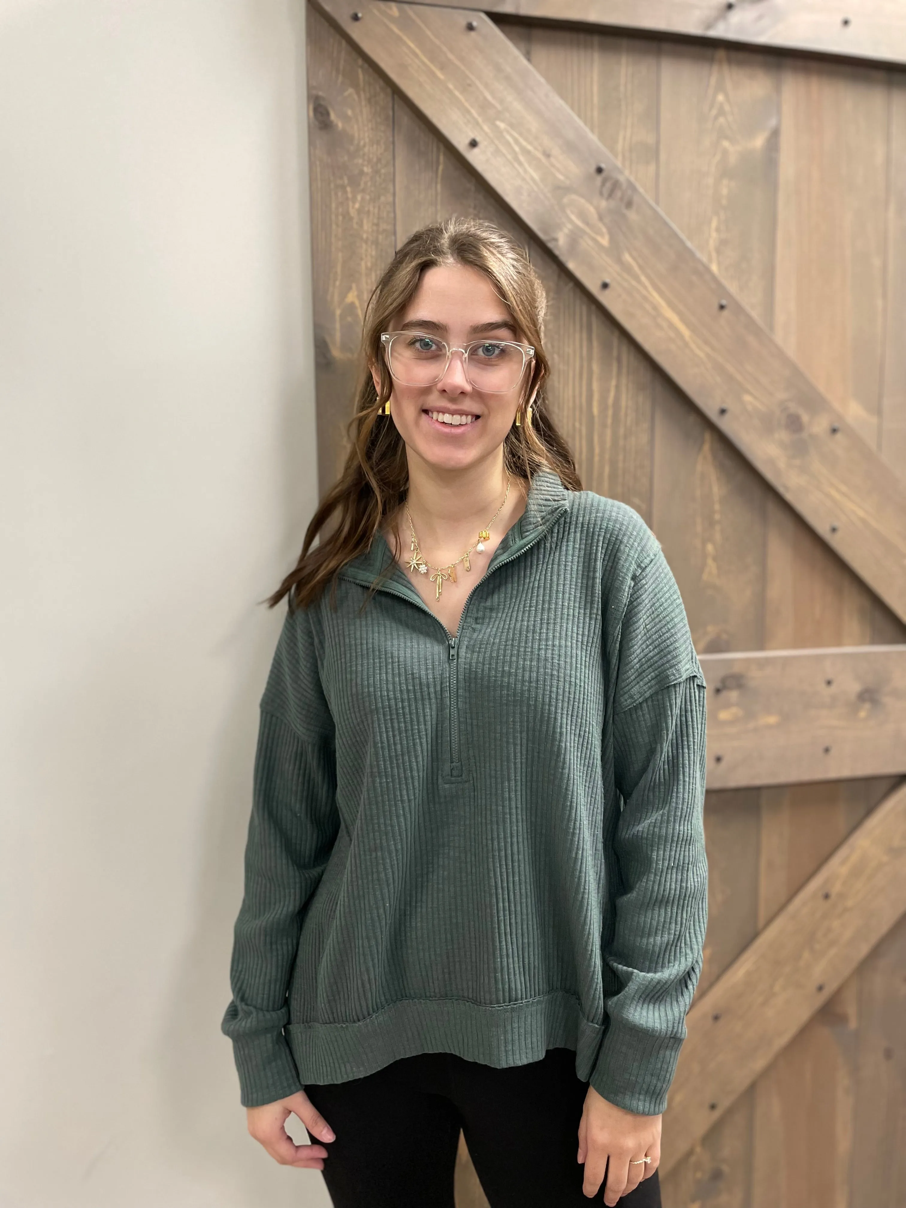 Ribbed Knit Pullover | Half-Zip | Teal