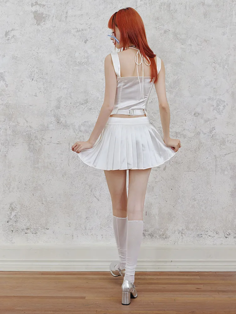 Shiny Suspender Top & Low Waist Pleated Skirt