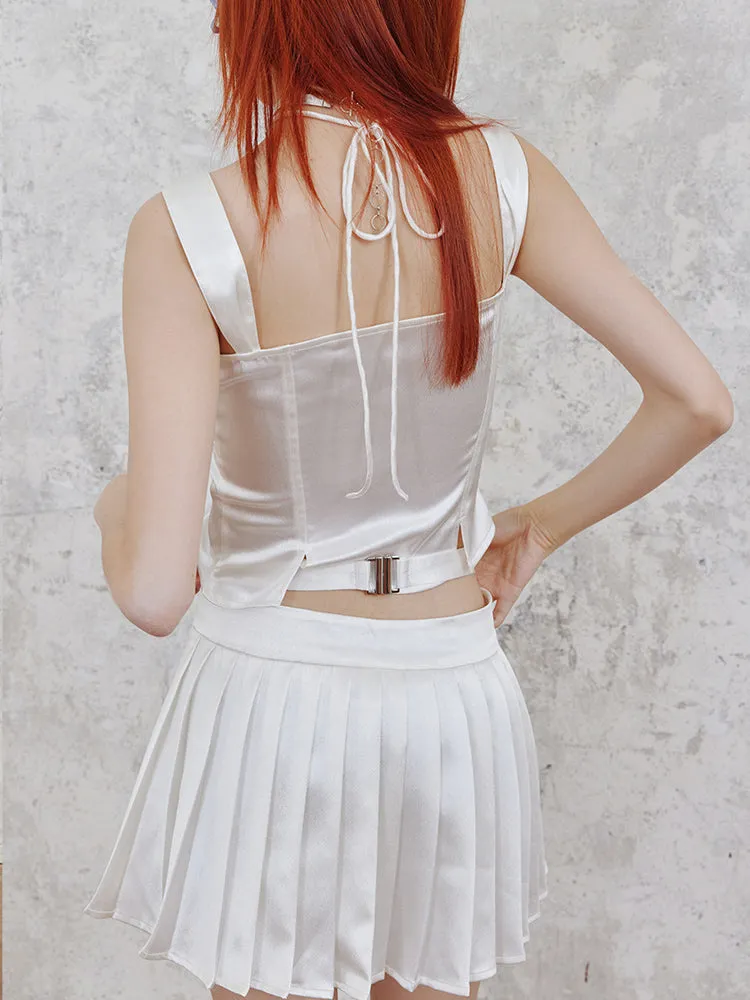 Shiny Suspender Top & Low Waist Pleated Skirt