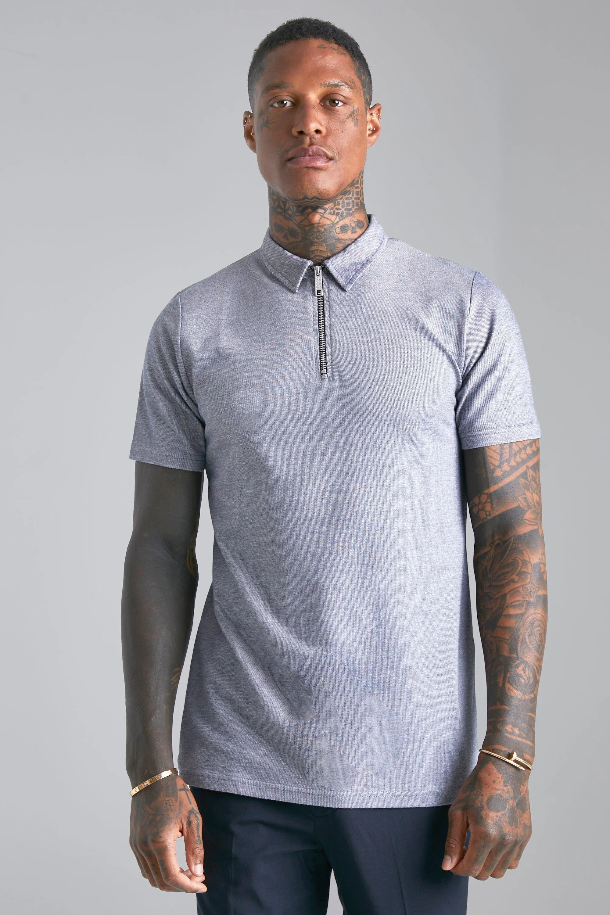 Smart Oxford Pique Zip Neck Polo | boohooMAN UK