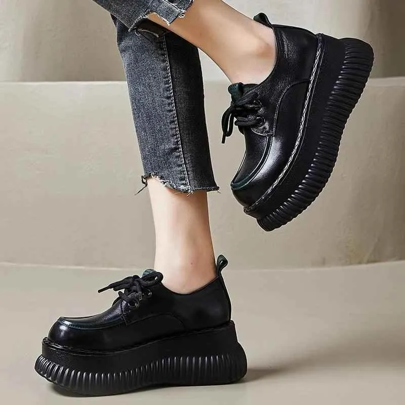 WCS68651 Women's Casual Shoes - Leather Flat Wedge Heels