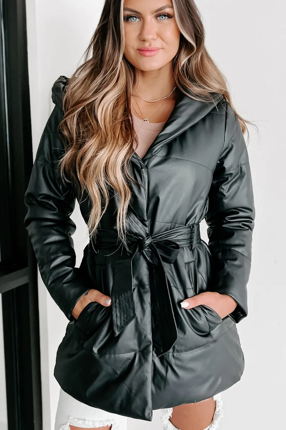 Wintry Winds Hooded Faux Leather Puffer Coat (Black)